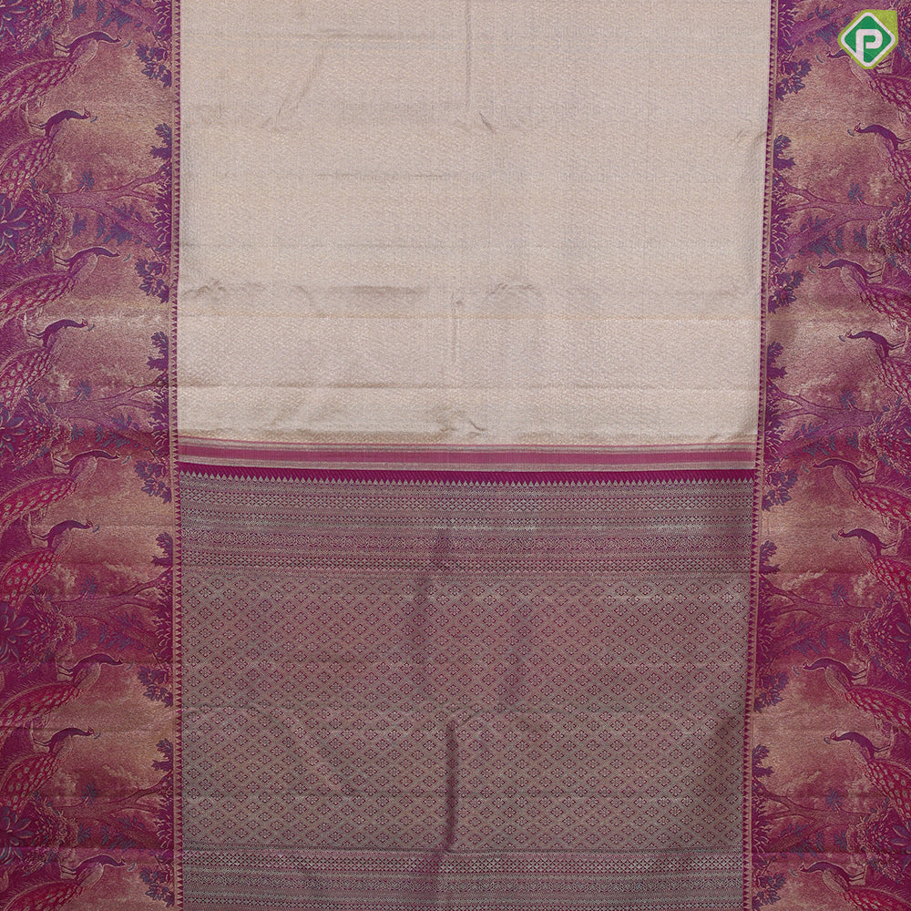 Peach silver gold zari self weaved stripes design rani pink silver gold zari peacock dancing border trendy silk saree