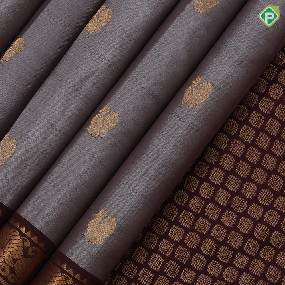Glacier Gray Gold Zari Peacock Butta Design Dark Brown Colour Mango Design Pure Mix Silk Saree