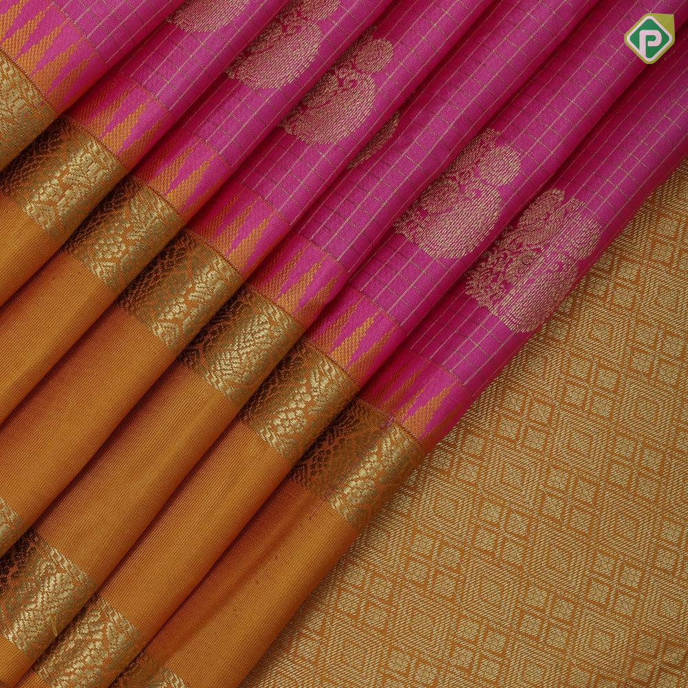 Pink gold zari vairaoosi checks fancy annam butta mustard yellow rettapet temple border traditional silk saree