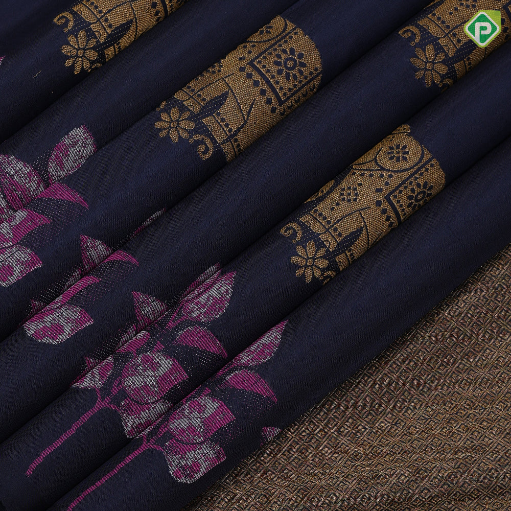 Prussian blue gold zari Elephant butta design self pink thread leaves design border fusion silk saree