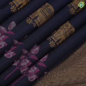 Prussian blue gold zari Elephant butta design self pink thread leaves design border fusion silk saree