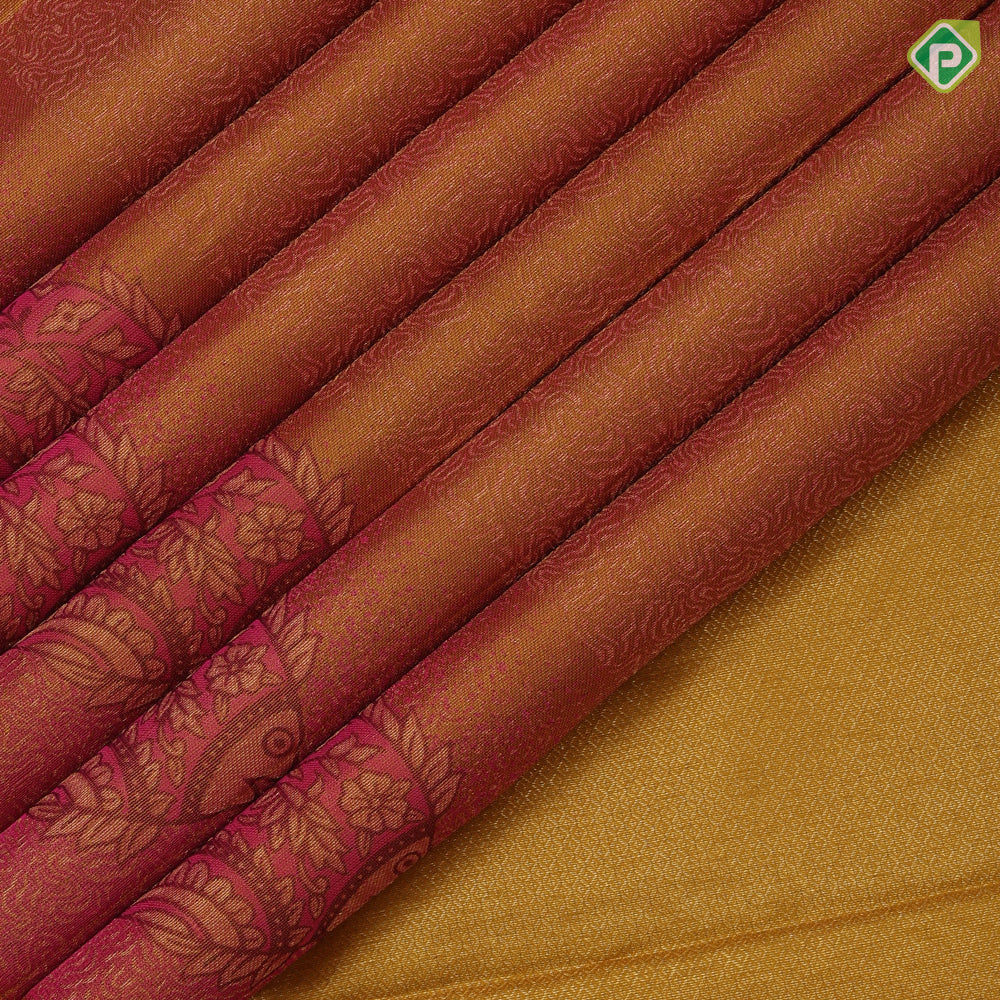 Pinkish Mustard Gold Zari Floral Design Baby Pink Fish Floral Border Design Trendy Silk Saree