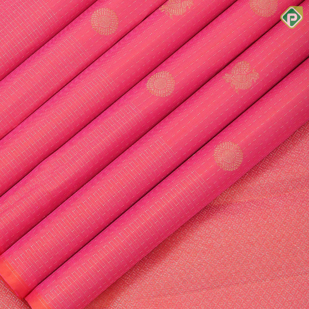 Pinkish orange gold zari vairaoosi lines butta design self gold zari vairaoosi lines border traditional silk saree