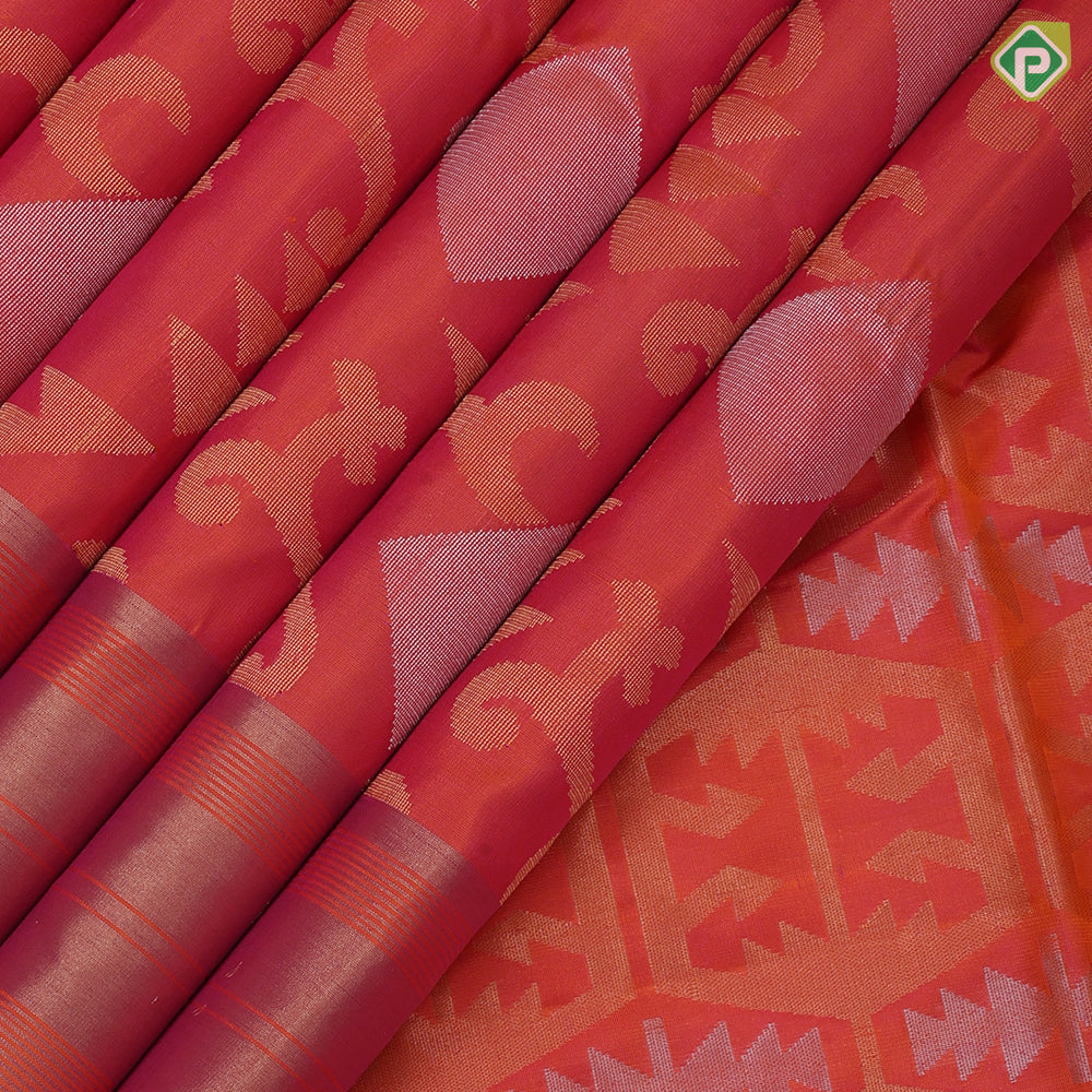 Pinkish orange silver gold zari diamond geometrical design self gold zari lines border soft silk saree