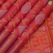 Pinkish orange silver gold zari diamond geometrical design self gold zari lines border soft silk saree