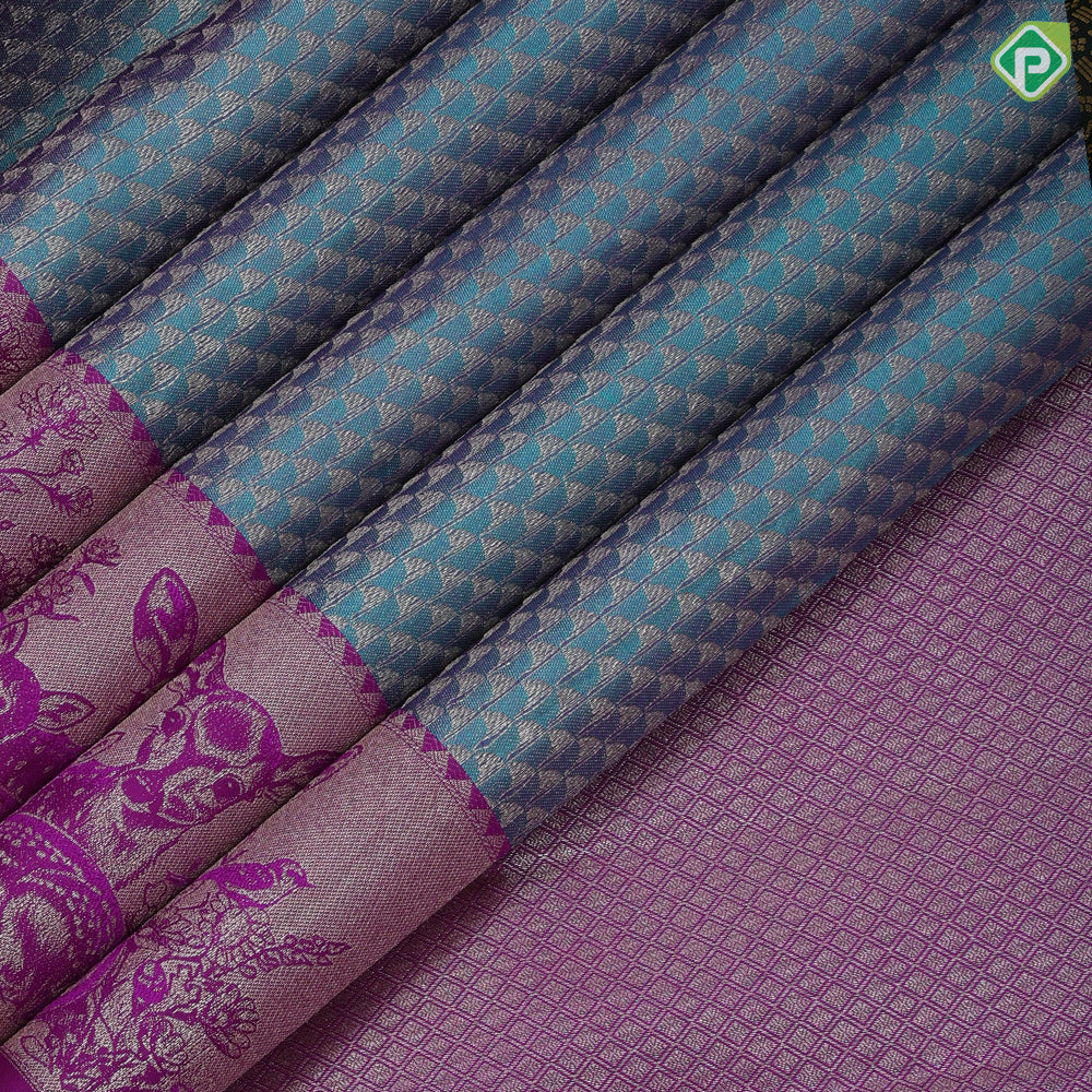 Sea Blue Silver Zari Brocade Design Pink Jungle Deer Border Design Trendy Silk Saree