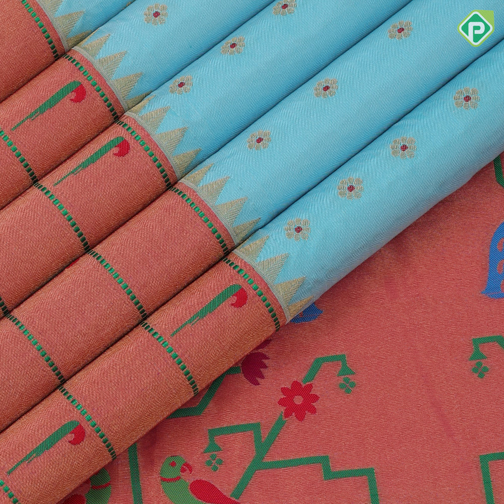 Sky blue gold zari flowers butta design creamy pink gold zari paithani work border and pallu design banaras style silk saree