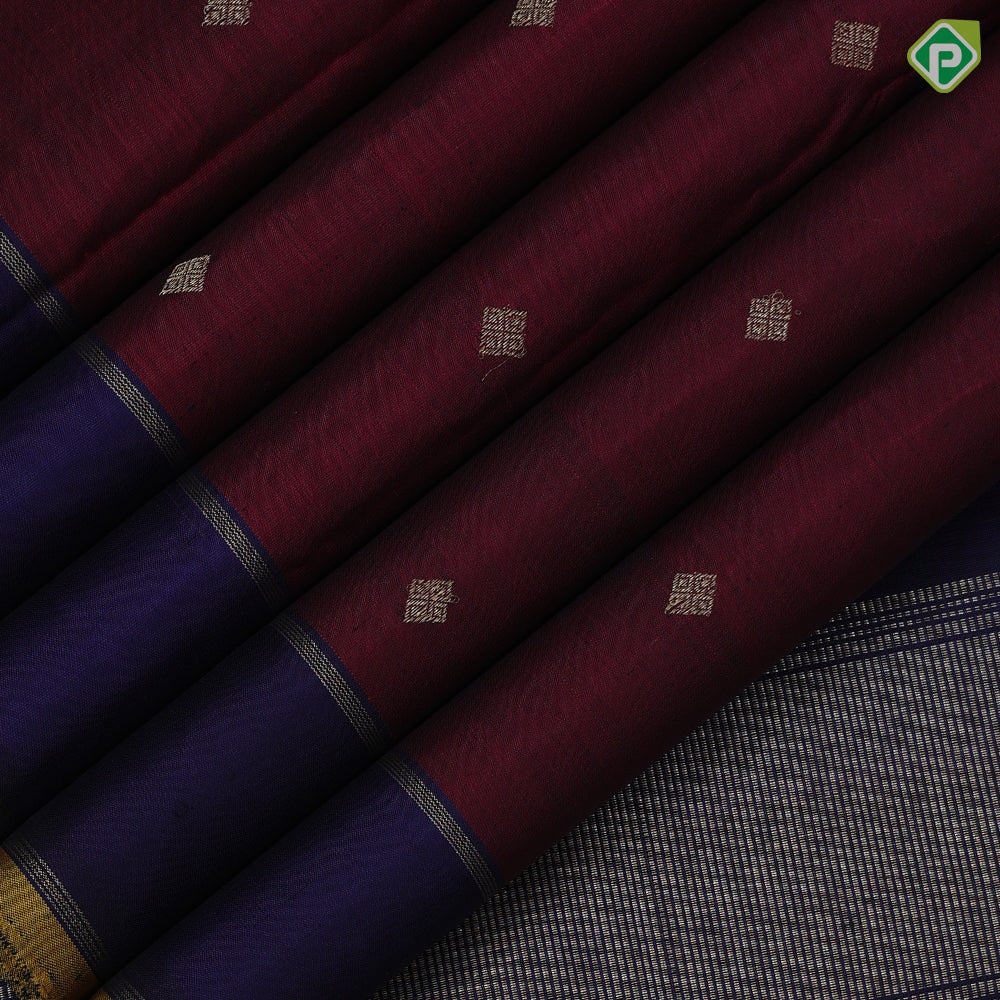 Magenta red gold zari diamond butta motifs contrast blue plain gold zari lines border vintage silk saree