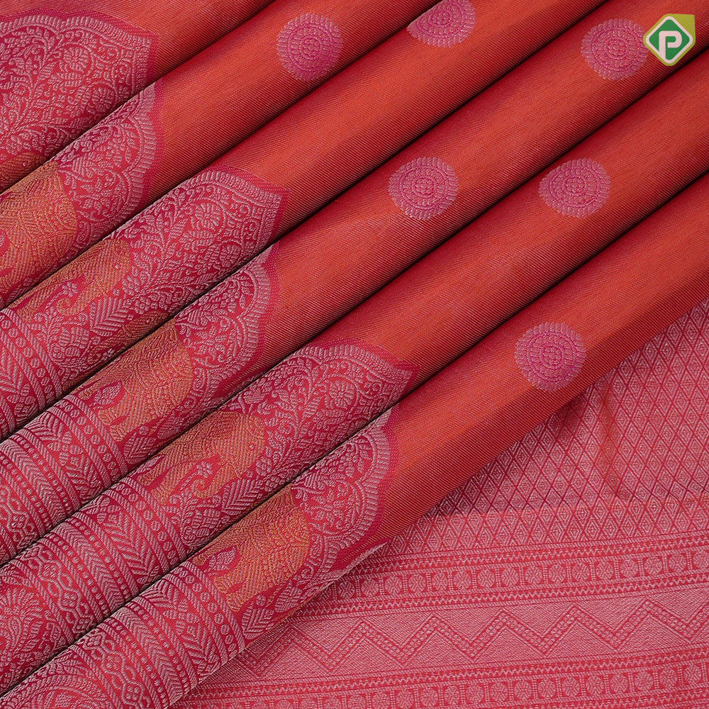 Pinkish orange silver zari and thread rudraksham butta self silver gold zari double elephant arch turning border vintage silk saree