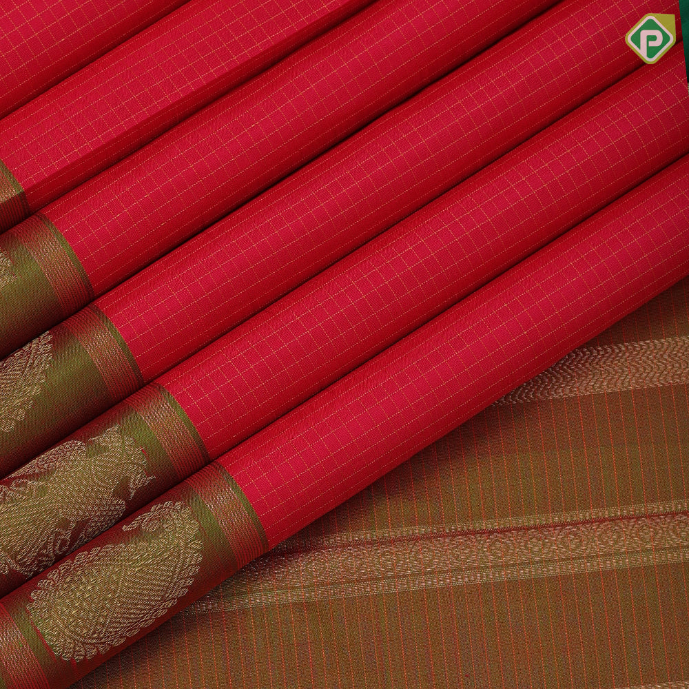 Tomato red with thread work checks design mehndi green gold zari mango butta border traditional silk saree