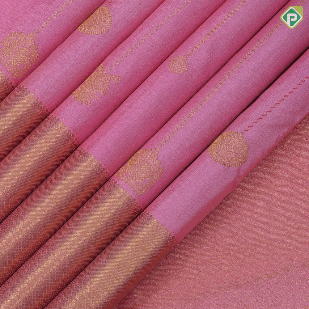 Peach Pink Gold Zari Straight Lines Peacock Chagara Design Self Colour Bavanji Mayilkan Border Design Traditional Silk Saree