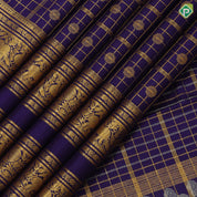 Indigo blue gold zari big checks rudraksham butta self gold zari peacock elephant butta lines double line border traditional silk saree