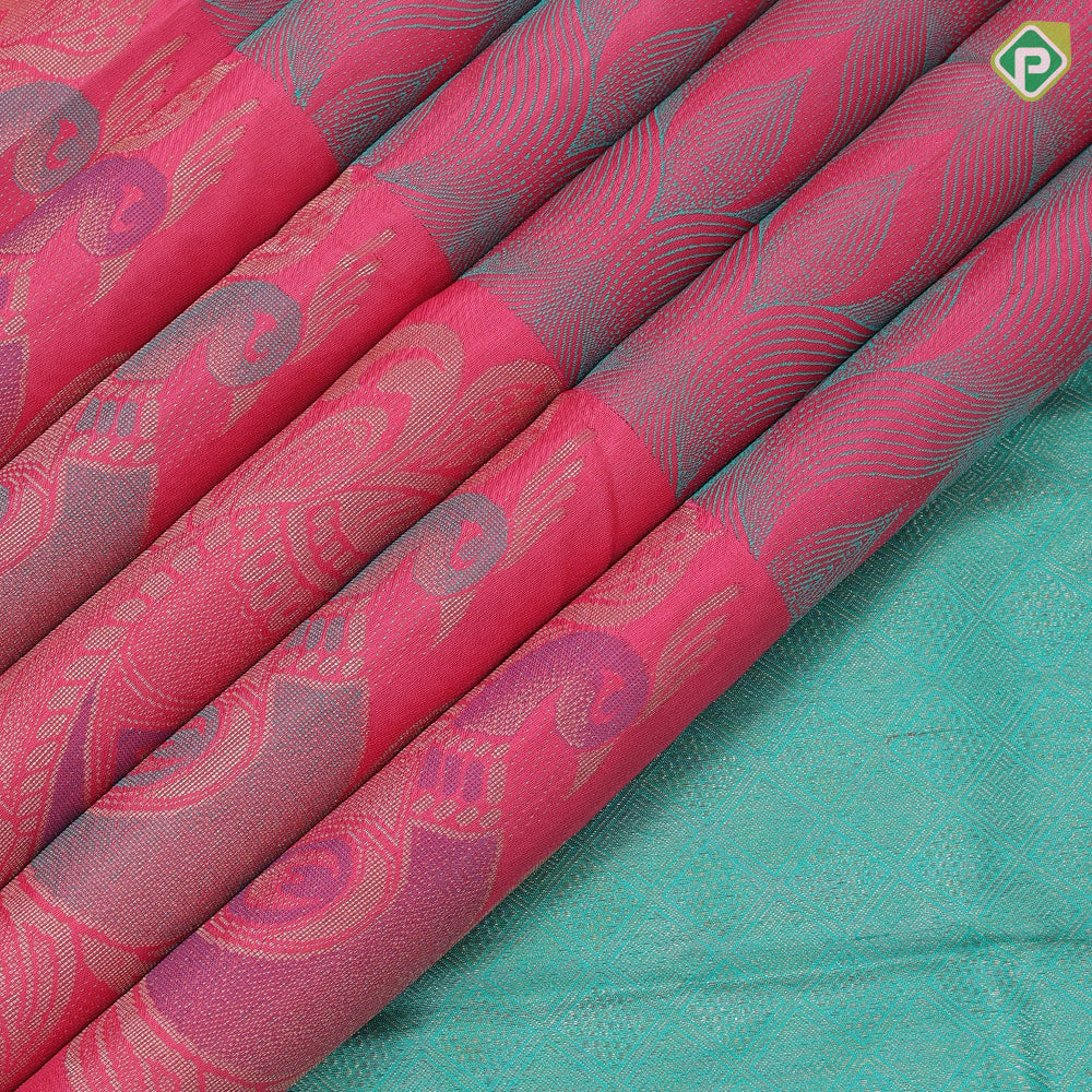 Pink and sea blue geometric design self colorful peacock butta motif border trendy designer silk saree