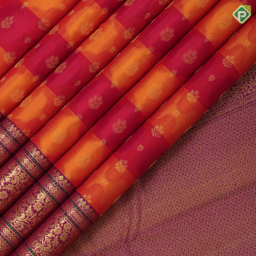 yellow orange and red tricolor lines gold zari fancy butta purple gold zari rangoli design meena work lines border Rangkat silk saree