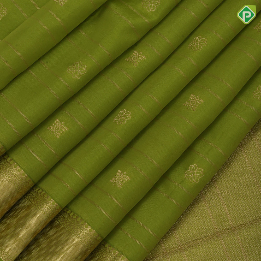 Parrot green gold zari lines and fancy butta self gold zari edge border pure mix silk saree