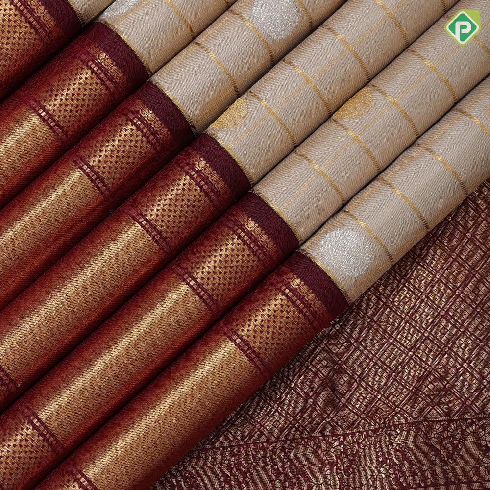 creamy beige gold zari kattam silver zari butta design beetroot maroon gold zari mayilkan border vintage traditional silk saree