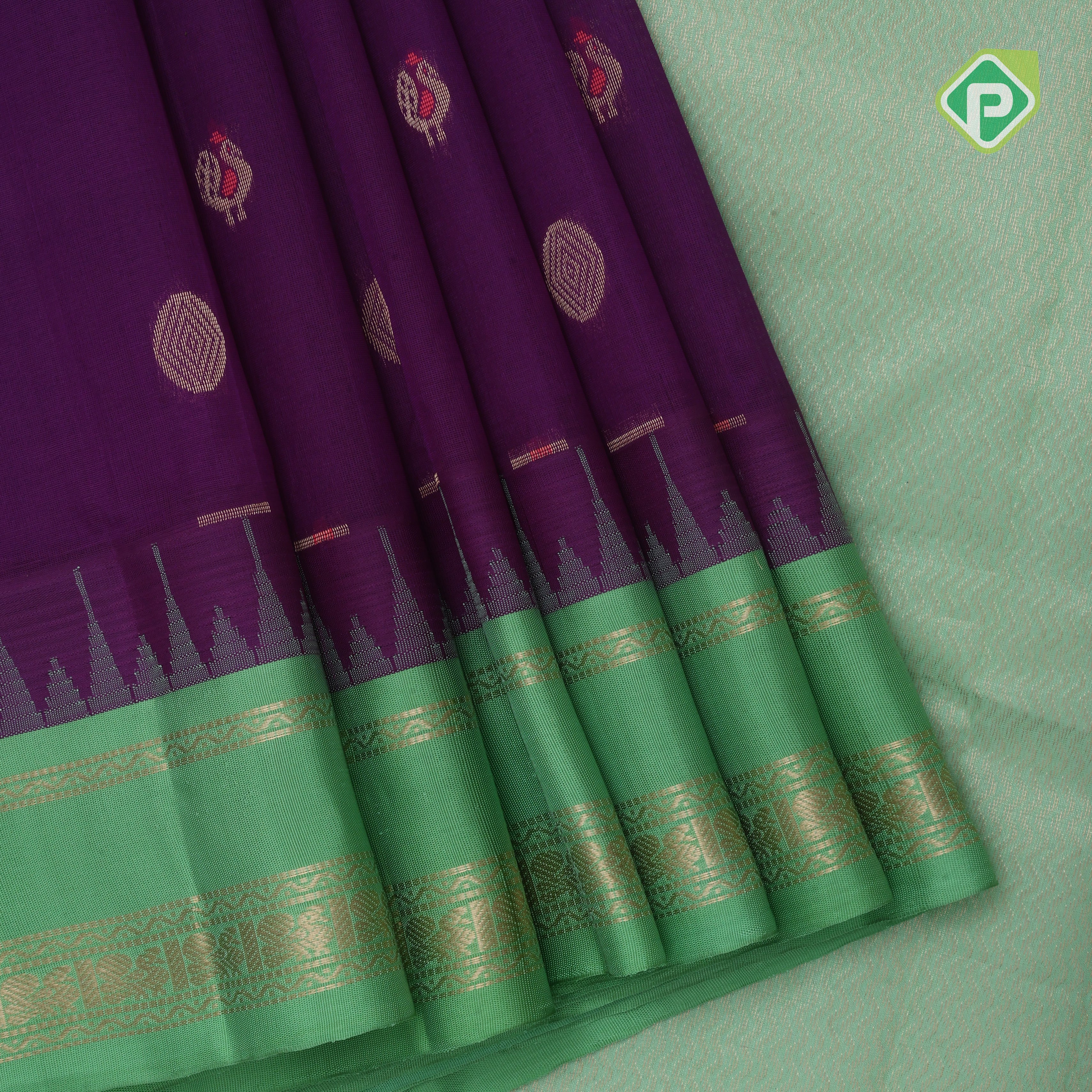 Purple silver gold zari butta meena work leaf gold zari border kuppadam silk cotton saree
