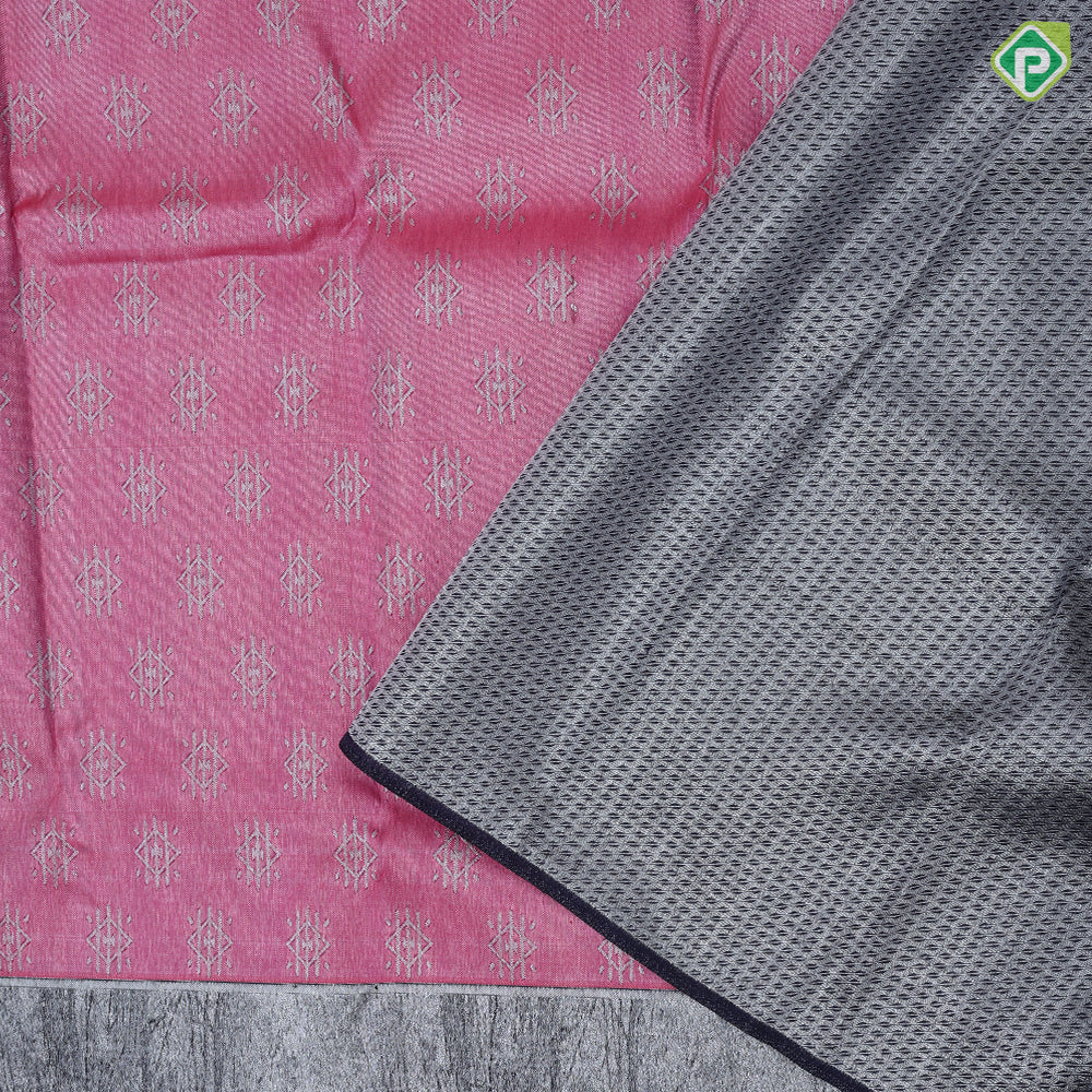 Rani Pink Silver Zari Rhombus Motif Gray Brown Leaf Border Design Fancy Silk Saree
