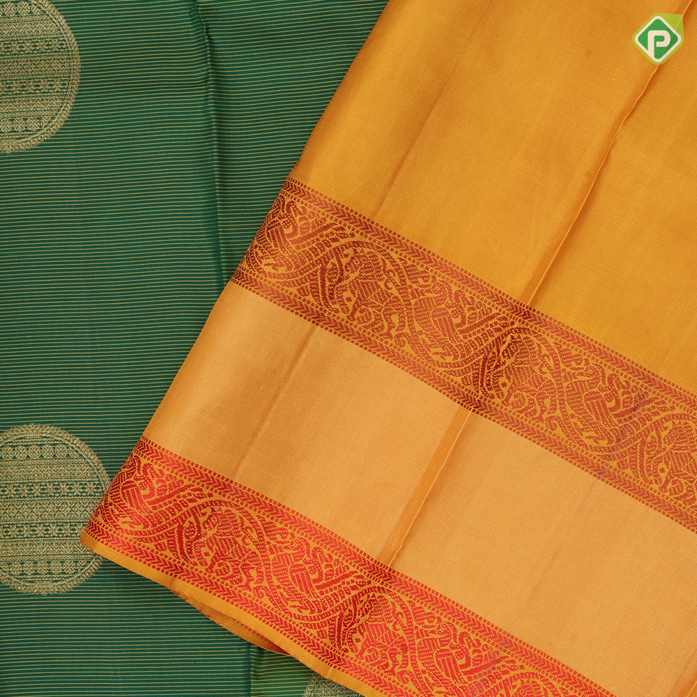 Leaf Green Gold Zari Circle Butta Vailraoosi Design Mustard Thread Horse And Annam Border Design Traditional Silk Saree