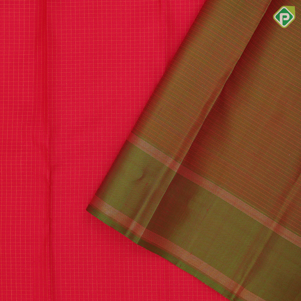 Tomato red with thread work checks design mehndi green gold zari mango butta border traditional silk saree