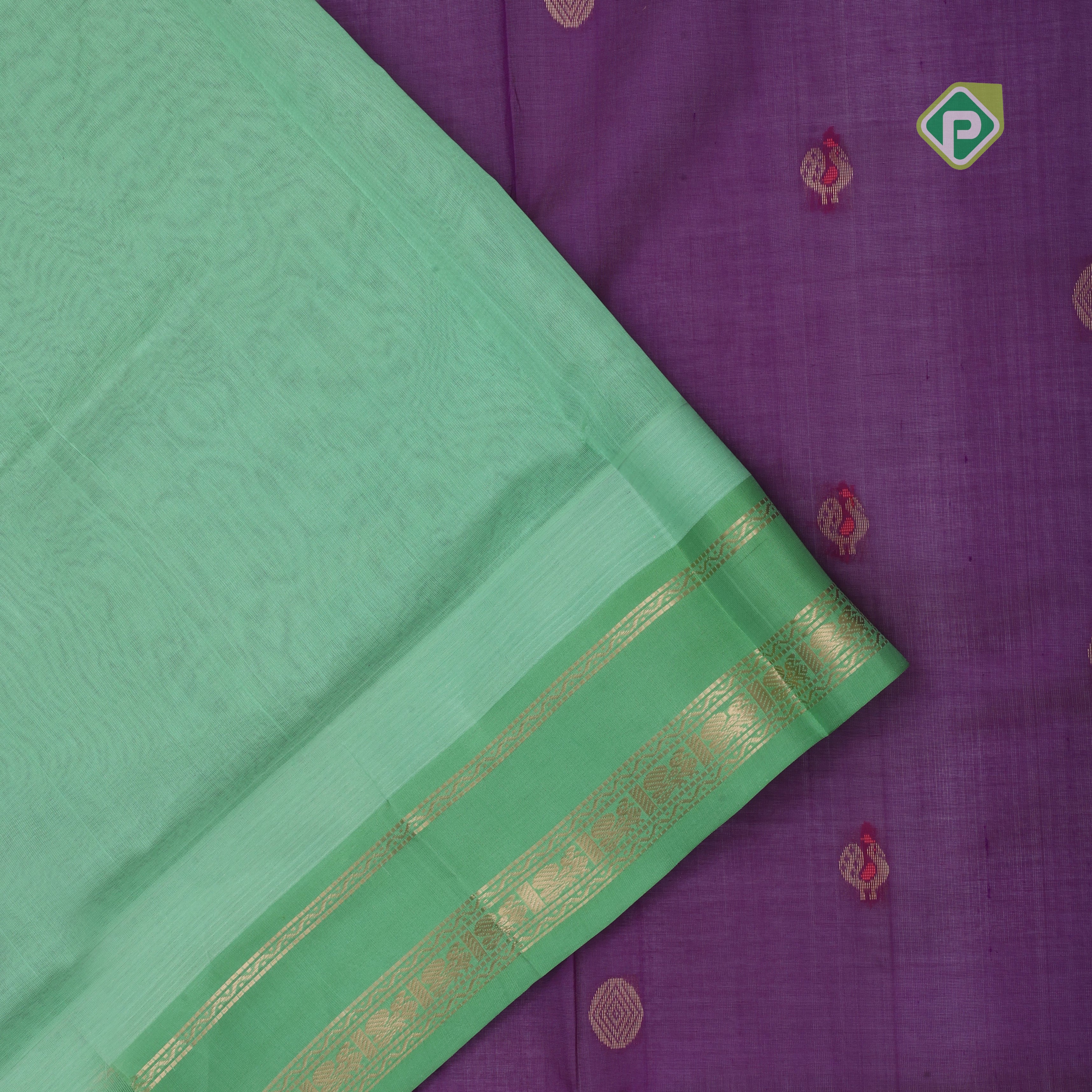 Purple silver gold zari butta meena work leaf gold zari border kuppadam silk cotton saree