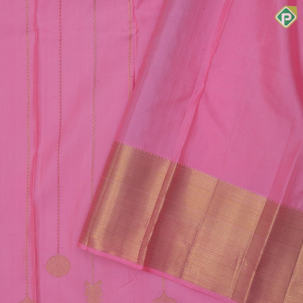 Peach Pink Gold Zari Straight Lines Peacock Chagara Design Self Colour Bavanji Mayilkan Border Design Traditional Silk Saree