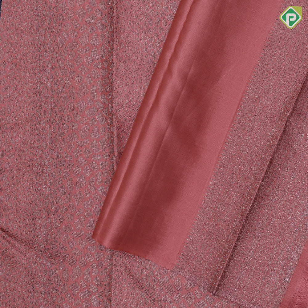 Peach neem zari metallic reptile jacquard weaving design self rangoli rettapet border trendy designer silk saree