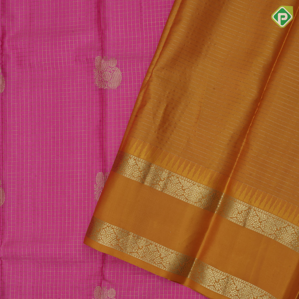 Pink gold zari vairaoosi checks fancy annam butta mustard yellow rettapet temple border traditional silk saree