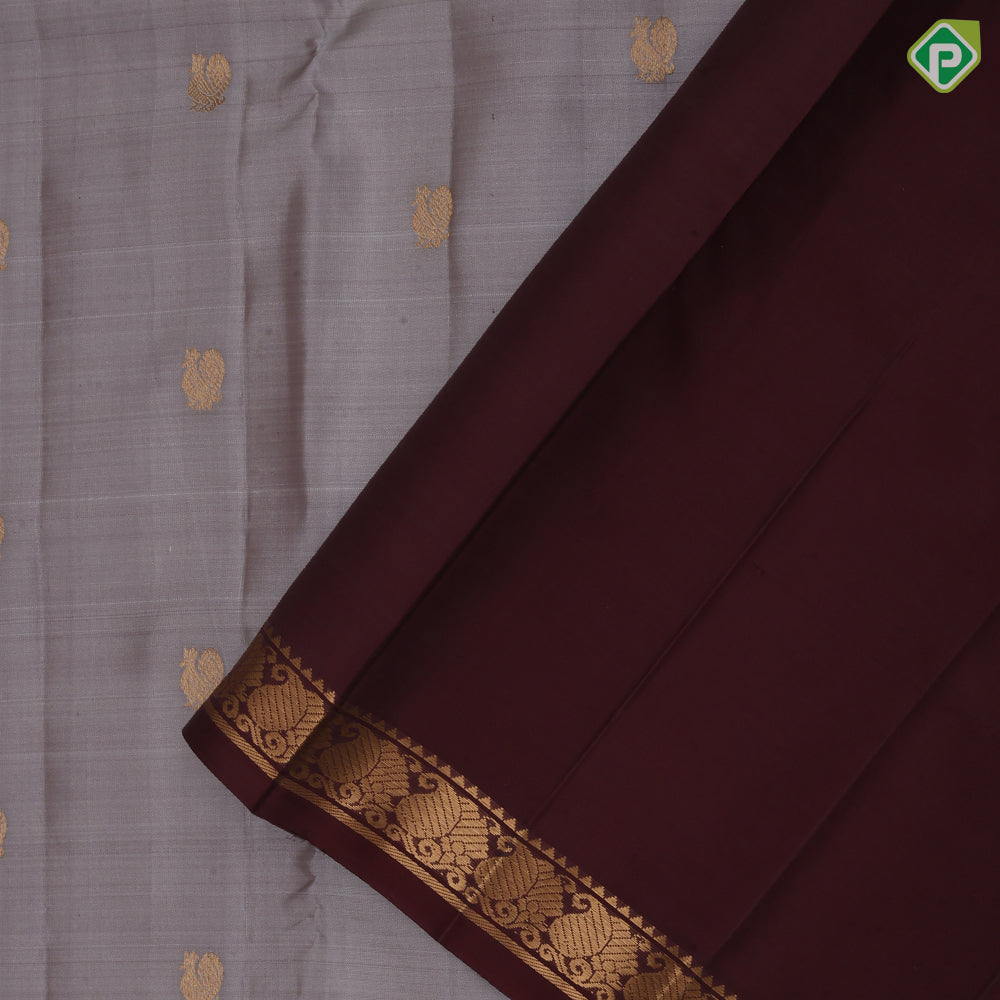 Glacier Gray Gold Zari Peacock Butta Design Dark Brown Colour Mango Design Pure Mix Silk Saree