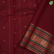 Maroon red gold zari vairaoosi mid butta motifs self gold zari peacock butta and multi color lines border traditional silk saree