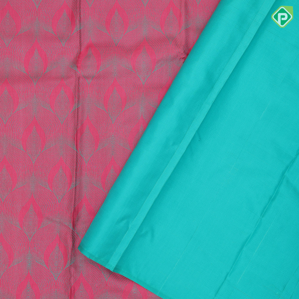 Pink and sea blue geometric design self colorful peacock butta motif border trendy designer silk saree