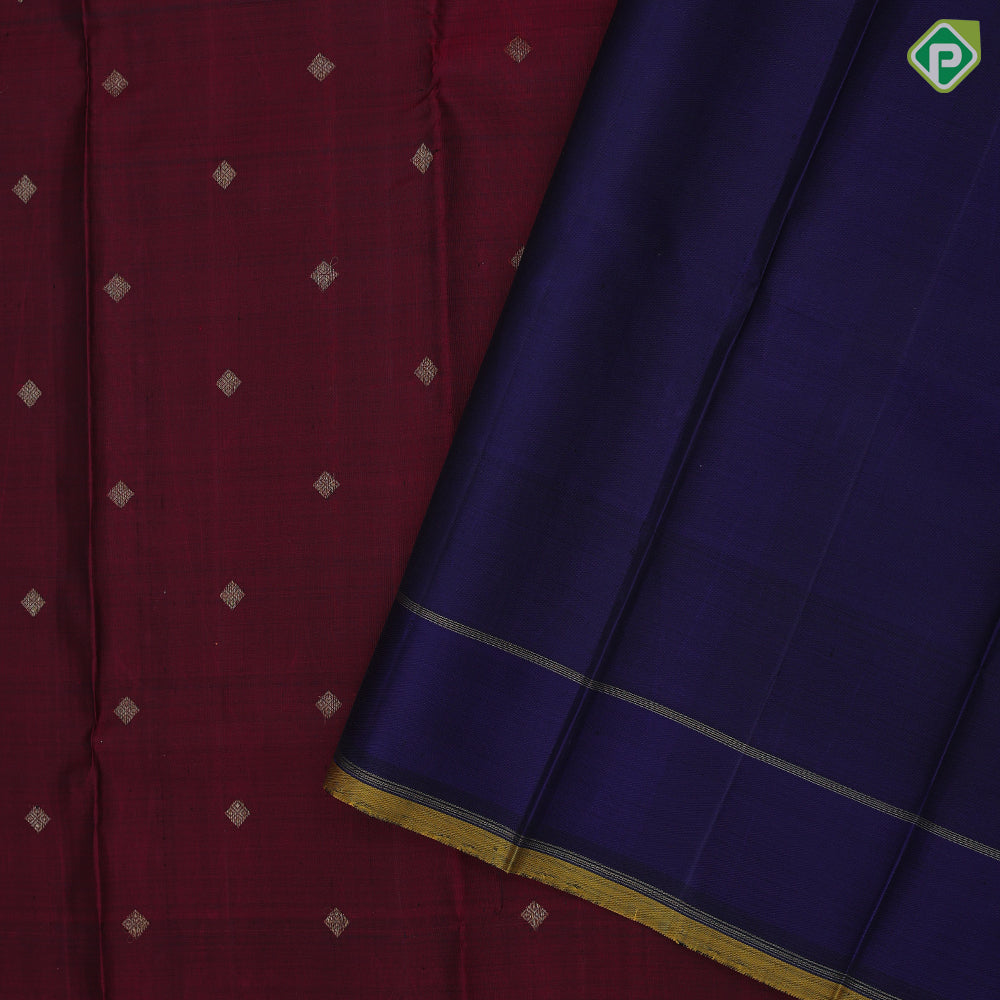 Magenta red gold zari diamond butta motifs contrast blue plain gold zari lines border vintage silk saree