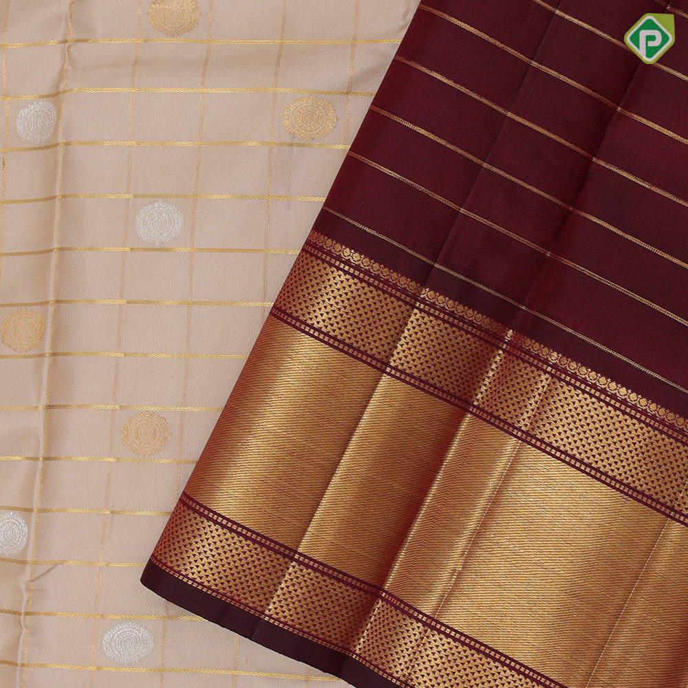 creamy beige gold zari kattam silver zari butta design beetroot maroon gold zari mayilkan border vintage traditional silk saree
