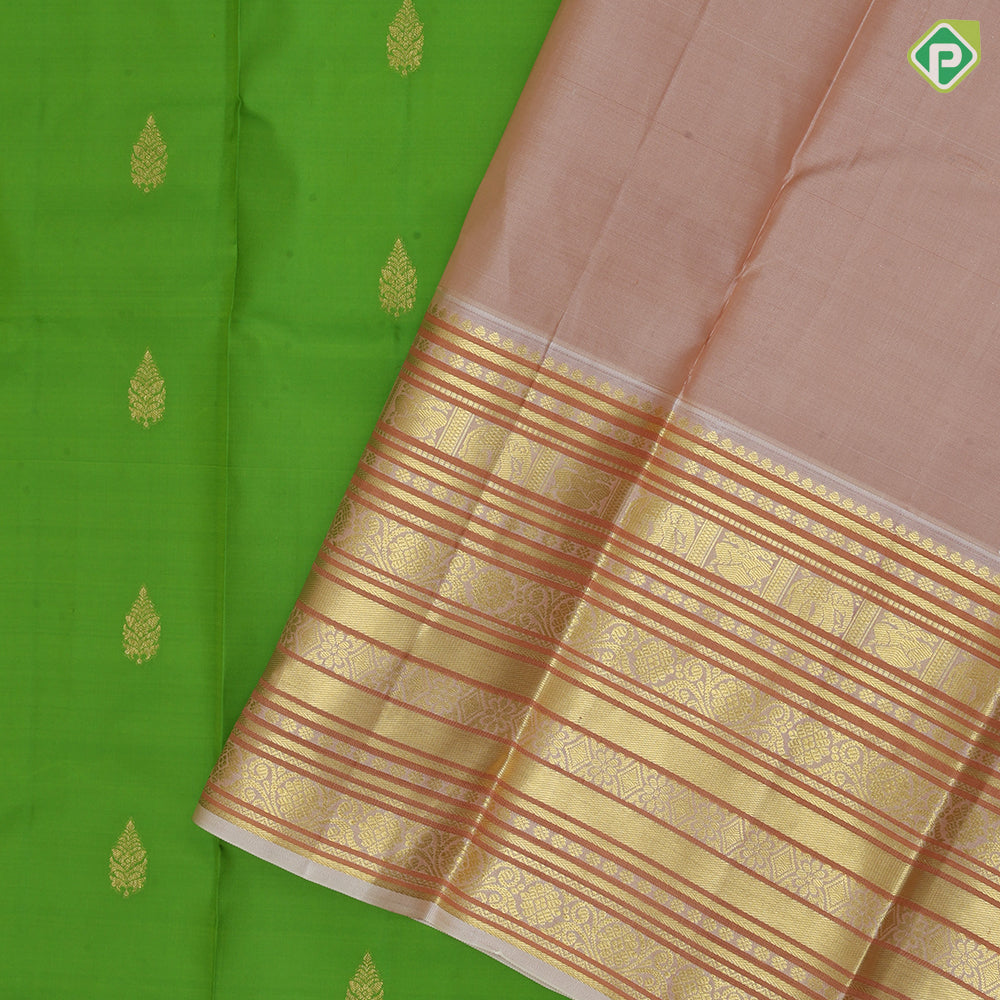 Leaf green gold zari fancy leaf butta peach gold zari silk thread lines high border gift silk saree