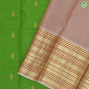 Leaf green gold zari fancy leaf butta peach gold zari silk thread lines high border gift silk saree