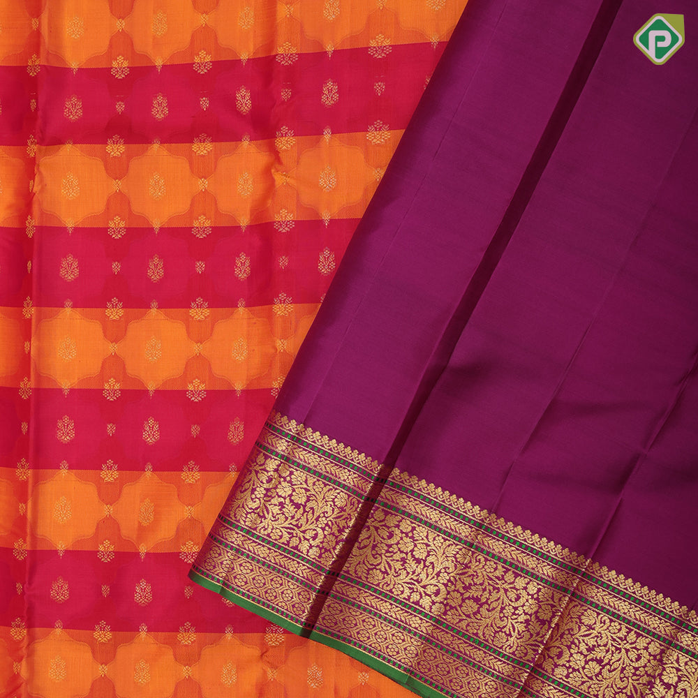 yellow orange and red tricolor lines gold zari fancy butta purple gold zari rangoli design meena work lines border Rangkat silk saree