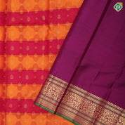 yellow orange and red tricolor lines gold zari fancy butta purple gold zari rangoli design meena work lines border Rangkat silk saree