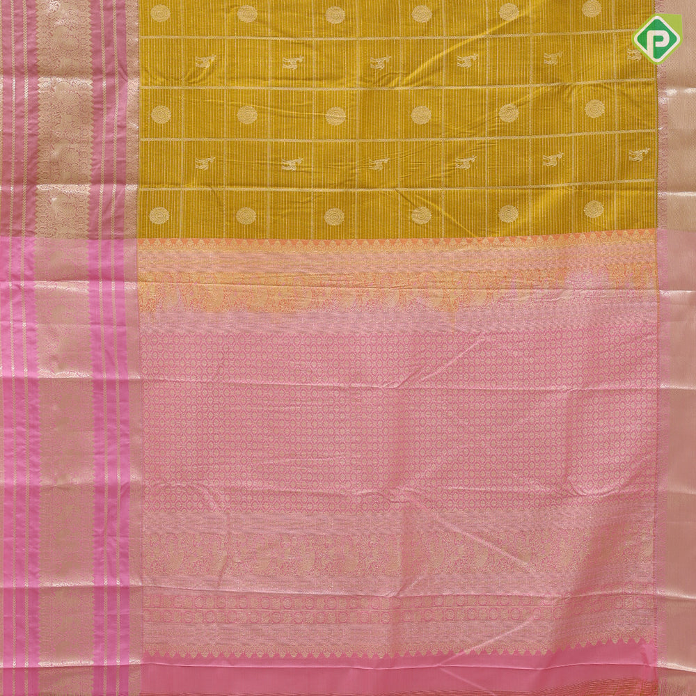 Mustard yellow gold zari checks and butta design onion pink gold zari multi design lines border art silk saree