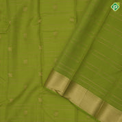 Parrot green gold zari lines and fancy butta self gold zari edge border pure mix silk saree