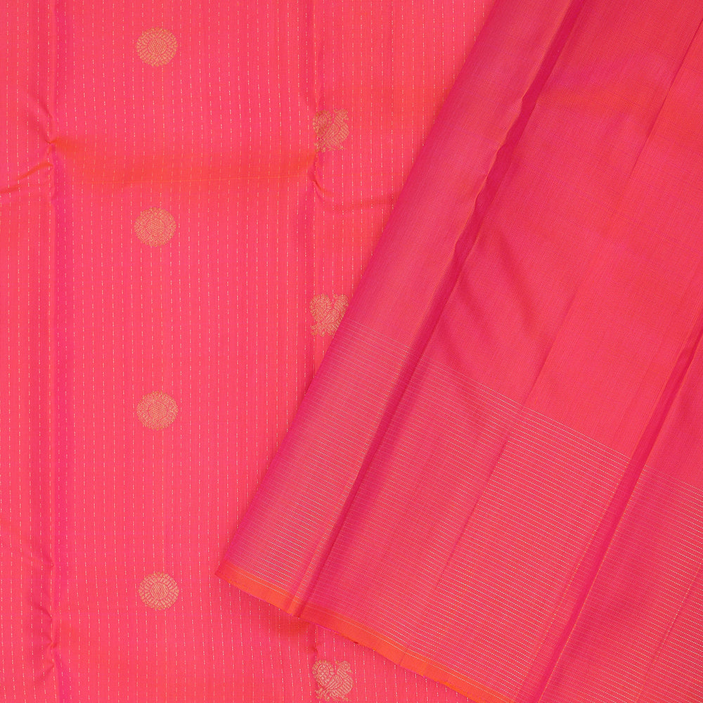 Pinkish orange gold zari vairaoosi lines butta design self gold zari vairaoosi lines border traditional silk saree