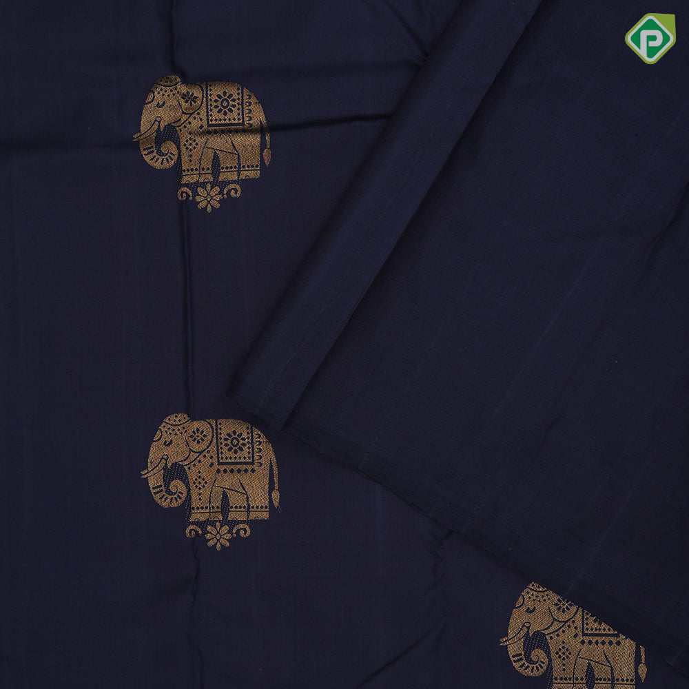 Prussian blue gold zari Elephant butta design self pink thread leaves design border fusion silk saree
