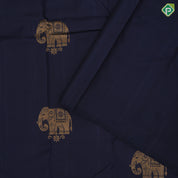 Prussian blue gold zari Elephant butta design self pink thread leaves design border fusion silk saree