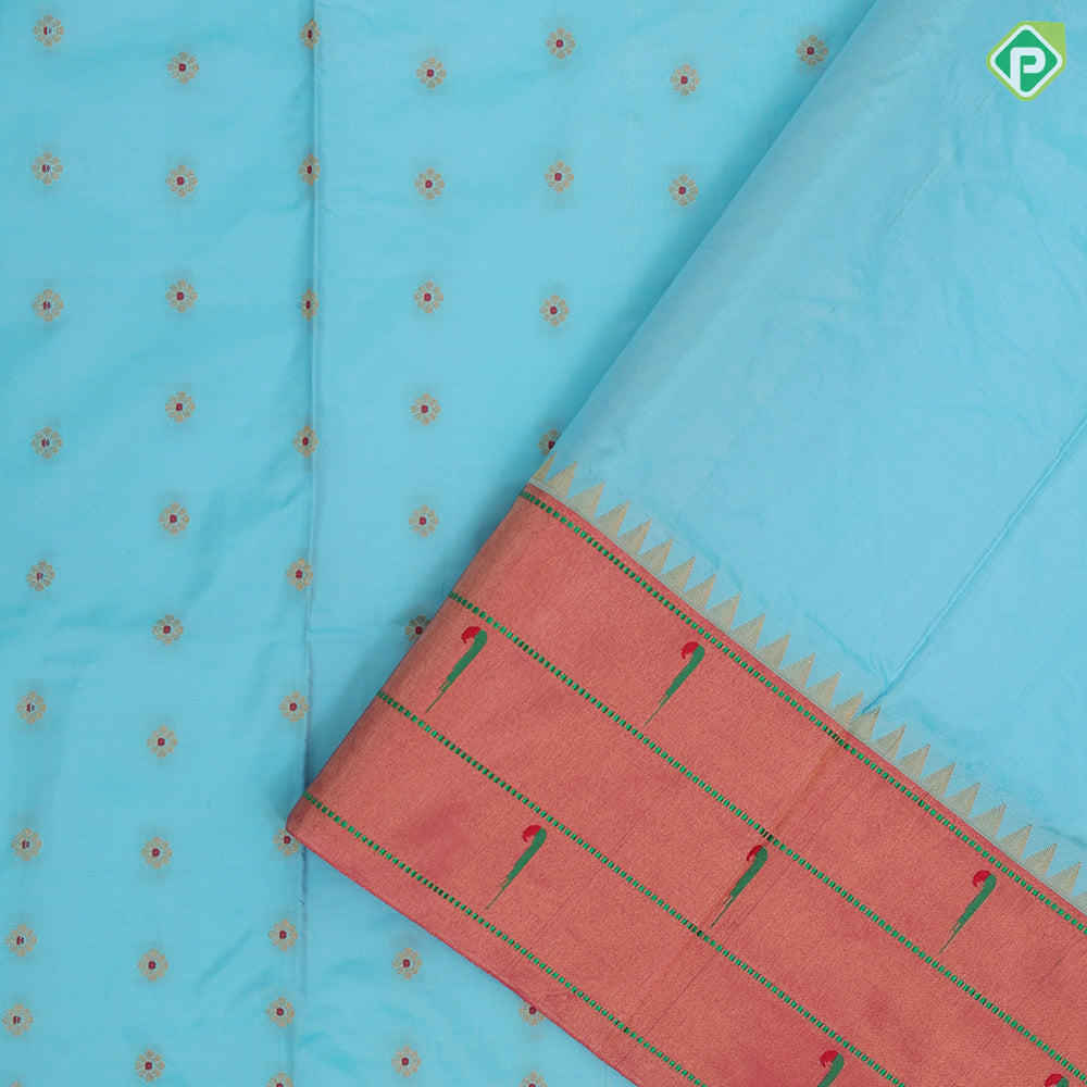 Sky blue gold zari flowers butta design creamy pink gold zari paithani work border and pallu design banaras style silk saree