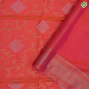 Pinkish orange silver gold zari diamond geometrical design self gold zari lines border soft silk saree