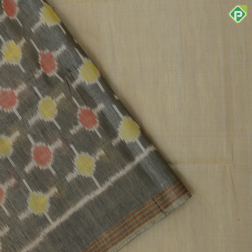 Banana yellow gold zari fancy floral round design self gold zari border ikkat style pallu linen soft silk saree