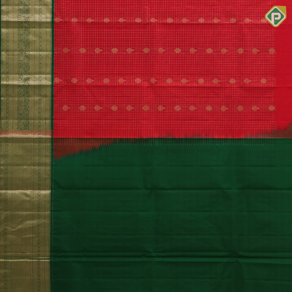 Tomato red gold zari checks and butta design dark green gold zari double elephant design border pattu paavadai