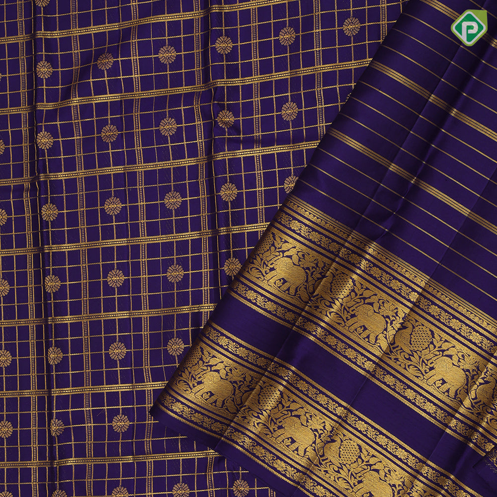 Indigo blue gold zari big checks rudraksham butta self gold zari peacock elephant butta lines double line border traditional silk saree