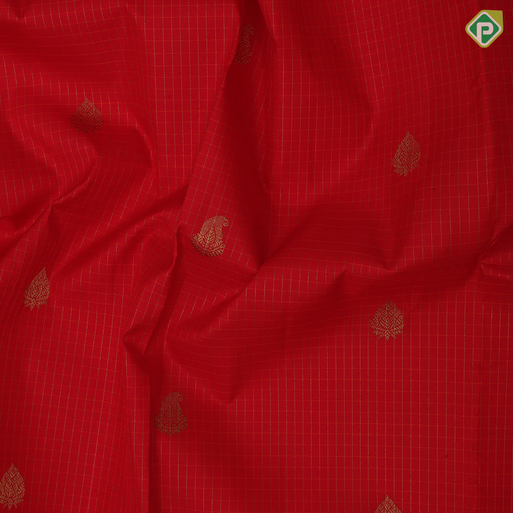 Tomato red gold zari kattam and leaf butta bottle green gold zari peacock butta border pattu paavadai lehanka