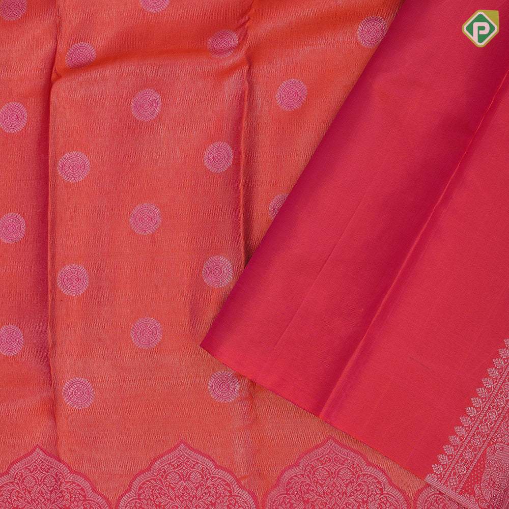 Pinkish orange silver zari and thread rudraksham butta self silver gold zari double elephant arch turning border vintage silk saree