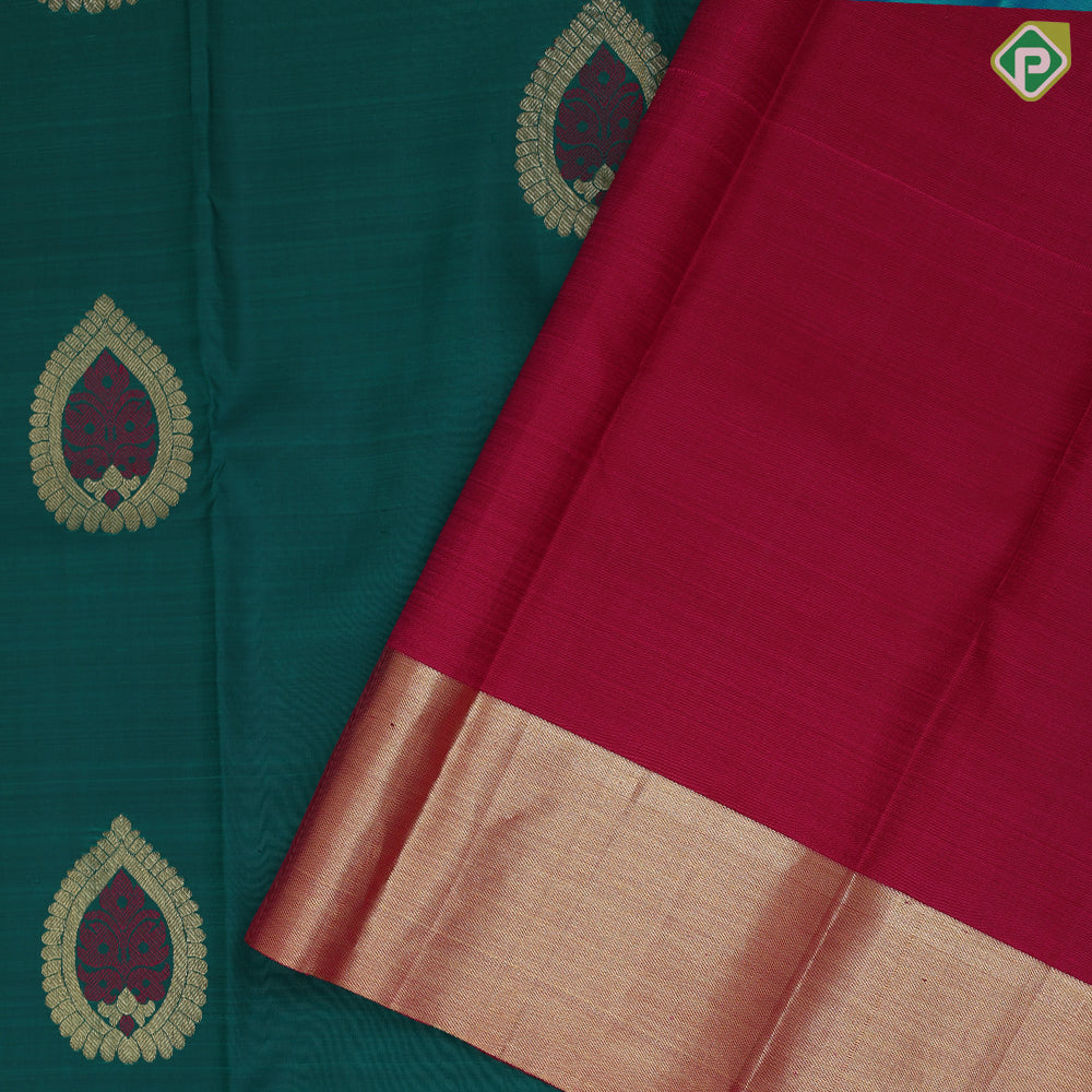sapphire green gold zari thread meena work thilagam butta gold zari tissue bavanji border traditional Navratri special silk saree